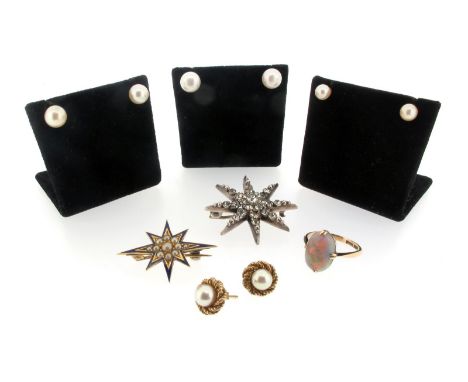 A pearl and enamel gold star brooch, four pairs of cultured pearl earrings, a white opal mounted gold ring, size N. And a pas