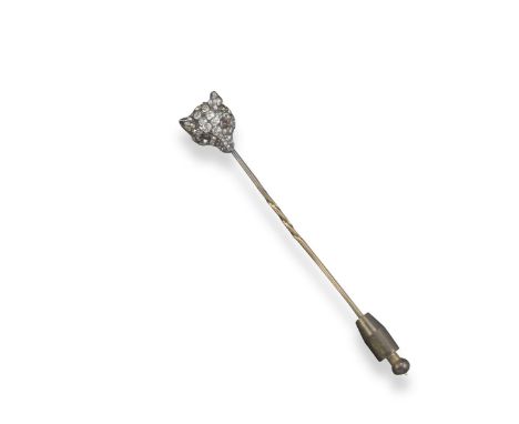 A late 19th-century fox mask stick pin, realistically formed and pavé-set with old cushion-shaped diamonds in silver and gold