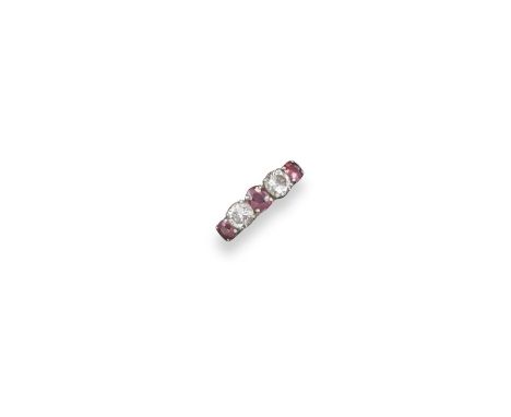 A ruby and diamond five stone ring, the two round brilliant-cut diamonds are set with three oval-shaped rubies in platinum. S