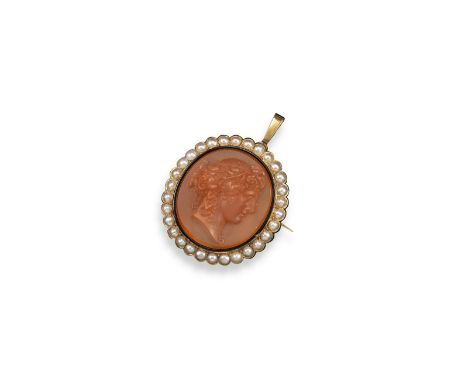 A 19th century harstone cameo brooch, the carnelian cameo depicting a woman in the classical manner, within black enamel bord