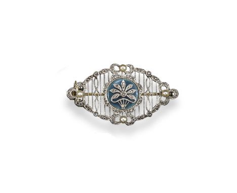 A diamond, enamel and seed pearl Belle Époque brooch, the central circular plaque set with a diamond-set spray on blue enamel