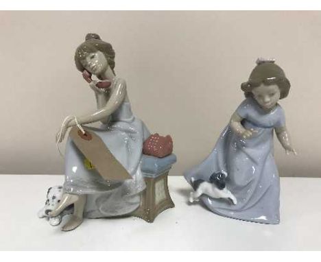 A Lladro figure, girl seated on telephone, together with a Nao figure