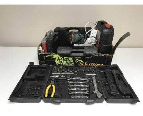A box of power tools inc. Extreme drill, electric sander, tool kits, extension leads etc 