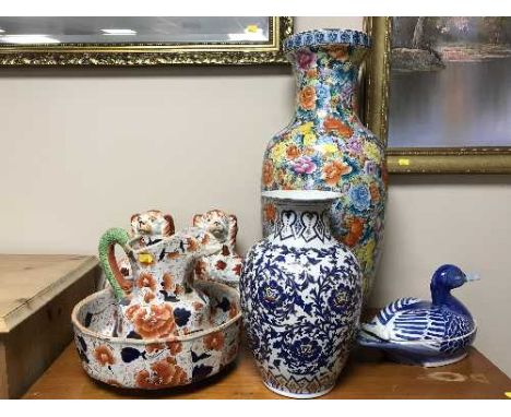 A pair of Staffordshire dogs, ironstone china sugar basin, Chinese porcelain lidded bowl in the form of a duck, vases etc 