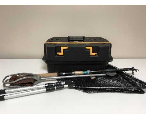 A Tough Mate work box, two landing nets, telescopic fishing rod and shooting stick 