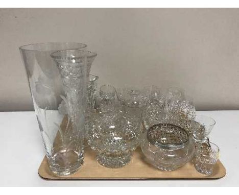 A tray of assorted drinking glasses, glass vases, rose bowl etc 