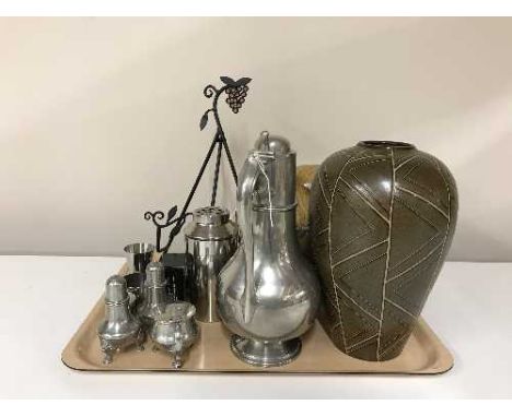 A tray of Don pewter teapot, pewter cruet set, hip flask, measures, tankard, Denby vase etc 