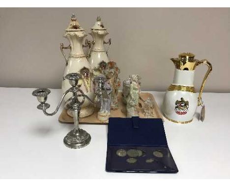 A tray of pair of Falcon Pottery lidded vases, candelabra, continental figures, 1977 Queens Jubilee coin set, etc 