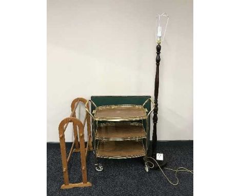 A gilt trolley, pine towel rail, standard lamp and a card table 