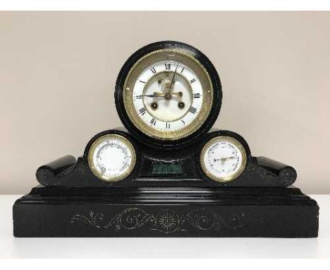 A Victorian black slate mantel clock with enamelled dial thermometer & barometer apertures 