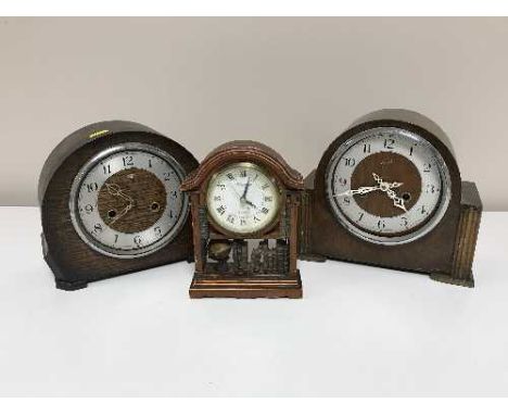 A tray of oak cased Smiths mantel clock, oak cased Enfield clock and one other 