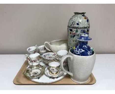 A tray of six Paragon Chatelaine cups and saucers, Shelley gilt cup and saucer, Noritake ash tray, twin handled bowl, Chinese