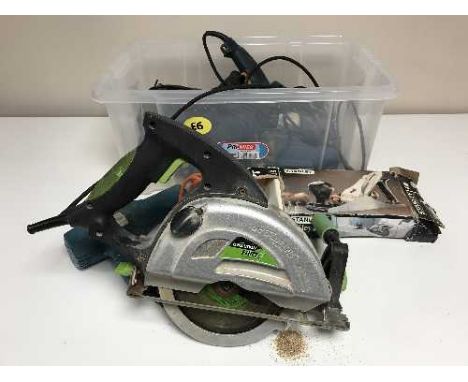 A box of assorted power tools inc. an Evolution saw, Black & Decker heat gun, Performance drill etc 