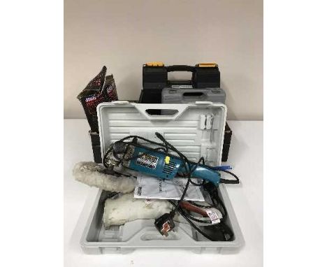 A box of power tools inc. Makita angle grinder, Alu angle grinder, cased Performance electric saw etc 