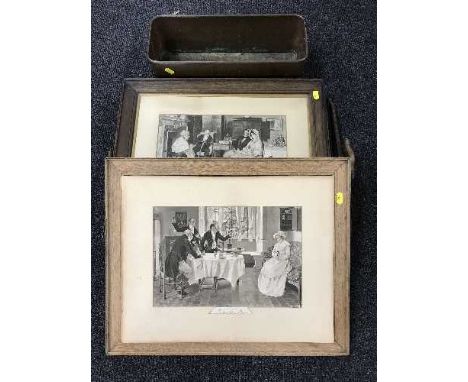 An oak gallery tray, three oak framed prints by Dendy Saddler and a copper trough 
