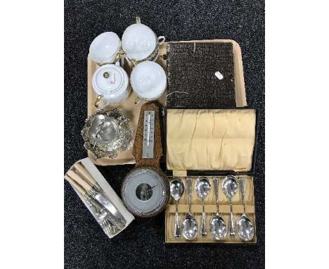 A tray of cased cutlery, small barometer, plated basket, oriental egg shell china etc 
