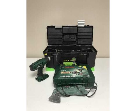 A Stanley tool box of assorted power tools and a Bosch 18 volt drill 