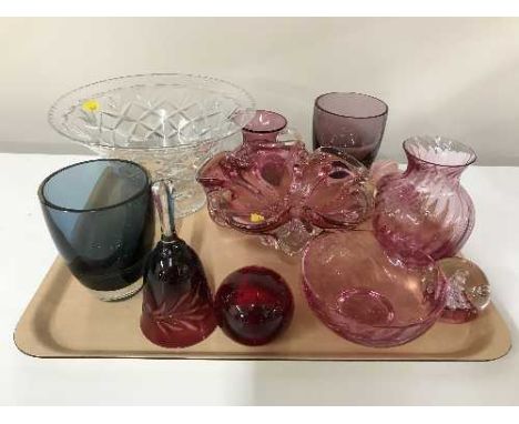 A tray of assorted cranberry and ruby glass ware, glass fruit bowl, paperweights etc 