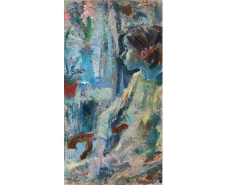 ‡Poul S. Nielsen (Danish 1920-1988) Portrait of a girl seated by a window Signed with monogram and dated 76 (lower left), and