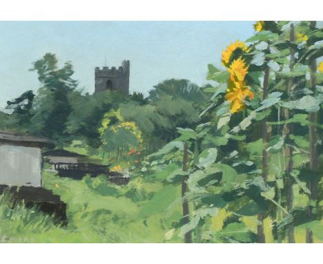 ‡Christopher Miers (b.1941) Sunflowers in the allotments Signed C.MIERS (lower left) Oil on board 14.4 x 19.6cm Provenance: S