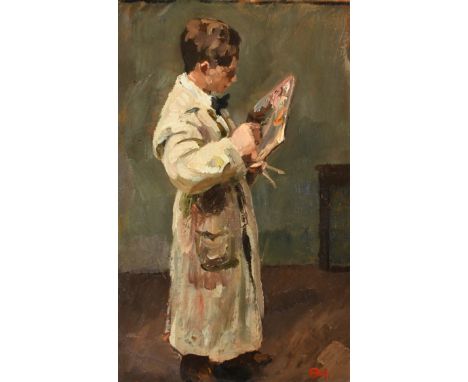 Scandinavian School Early 20th Century Portrait of an artist with his palette Signed with monogram (lower right) Oil on board