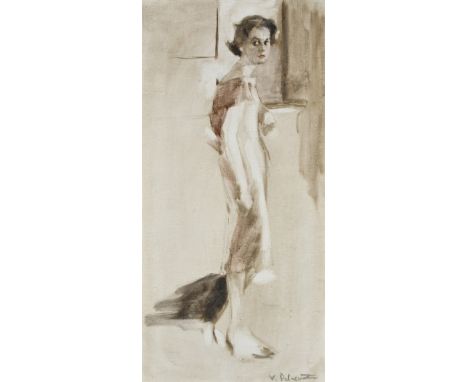 British School Early 20th Century Portrait study of a lady standing full length in an interior Indistinctly signed V. Del****