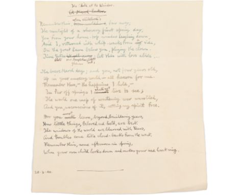 Siegfried Sassoon (1886-1967) Autograph manuscript of the poem 'The Child at the Window' 18 lines in three stanzas, dated 20.
