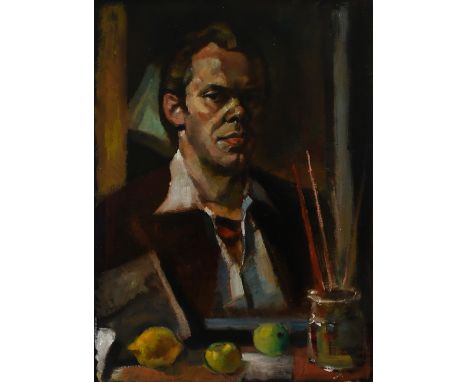 British School 20th Century Self-portrait with paintbrushes and fruit Oil on canvas 68.5 x 51cm