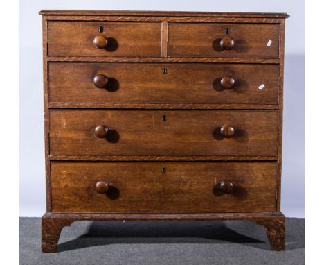 Victorian oak chest of drawers, two short above three long,  bracket feet W102cm x D50cm x H99.