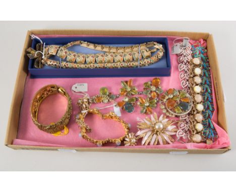 Vintage costume jewellery an "Exquisite" paste set brooch and similar necklace, 1960s faux opal bracelet, Coro Craft 1950s br