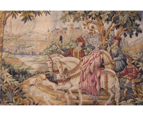 French tapestry "Le Roman de La Rose", and one similar, "The Royal Hunt tapestry", by Marc Waymel, with stained wood poles(2)