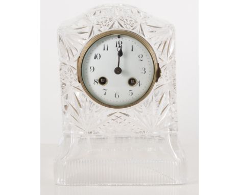 Cut crystal mantel clock, French cylinder movement with a circular bevel dial signed Jacky Frair, height 24cm.