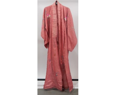 Salmon pink silk kimono, 1930s, with floral embroidered decoration, complete with sash.