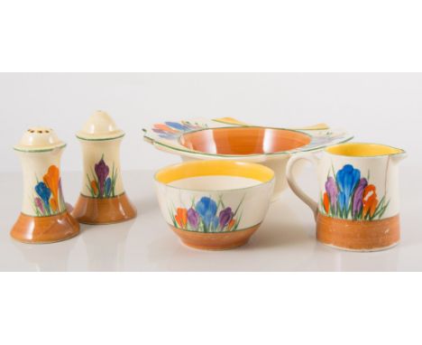 Five items of Clarice Cliff 'Crocus' ware, including slat, pepper, cream jug, small bowl, and 'Daffodil' shape bowl (all AF)