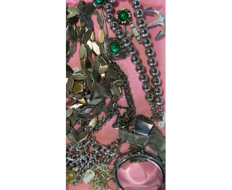 Vintage costume jewellery - all silver, pewter and chrome coloured, plain half hinged bangle, buckle necklace, anchor brooch,