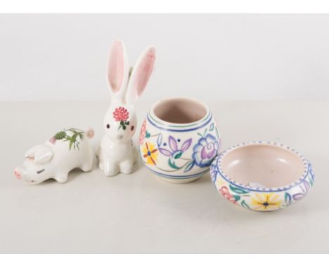 Small Plichta model of a pig, 7cm, a Plichta bunny, a Wedgwood cream glazed bowl, designed by Keith Murray; and three items o