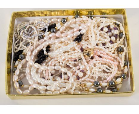 Collection of freshwater pearl necklaces and bracelet, a cultured pearl necklace spaced by amethyst chips, a mother-of-pearl 