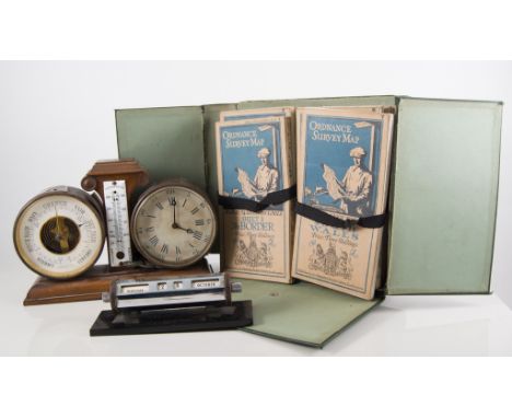 Glass and mahogony chess board, vintage first aid medical box, rulers, Ordnance survey maps etc, (quanity in one box).