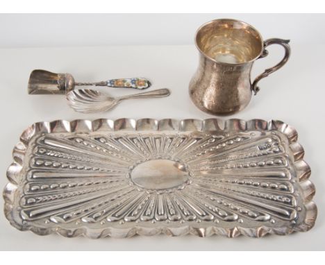 Victorian silver dressing table tray, London 1899, embossed gadrooned design, 24cm; silver mug, Birmingham 1916; caddy spoon,