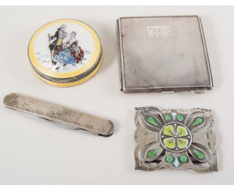 Silver engine turned compact, circular enamelled silver compact, a silver cased pocket knife, silver Art Nouveau buckle with 