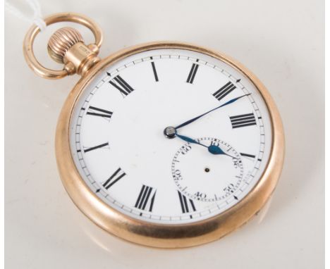 9ct gold open face pocket watch, white enamel dial with a roman numeral chapter ring and small seconds dial, top wind movemen