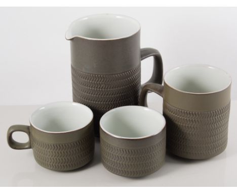 Denby Chevron part tea set, to include mustard pots, butter dish, large mugs, tea cups with saucers and milk jug etc, 1970s 