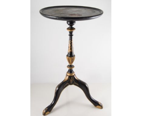 Chinoiserie style ebonised wine table on tripod base, 30cm diameter.