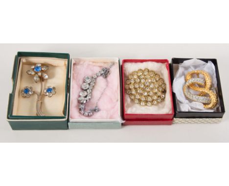 Vintage costume jewellery - paste set brooches and necklaces, simulated pearls, gillt metal jewellery etc, two jewellery case