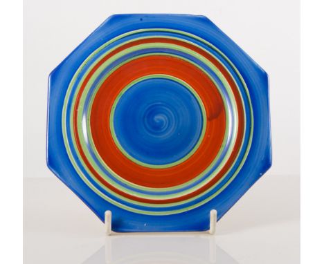 Clarice Cliff 'Original Bizarre' octagonal plate, circa 1925, with blue and red concentric banding, 14cm