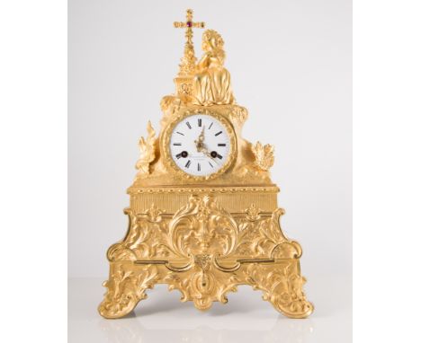 French gilt metal mantel clock, figural and cross surmount, circular enamel dial with Roman numerals, signed Reneaux Fils a F