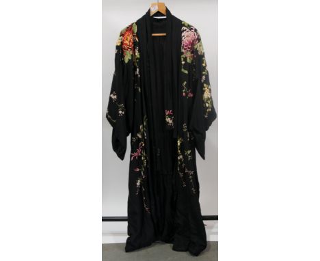 Black kimono, heavily embroidered with flowers, complete with sash.