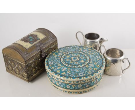 Vintage dressing table set, tray and coasters, Iznik, plated knife set, pewter three-piece tea service, etc.