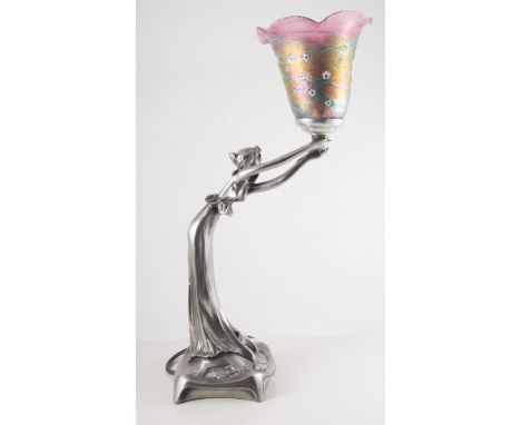 Modern Art Nouveau style table lamp, with a lady supporting a torch, lustre glass shade, height 46cm.