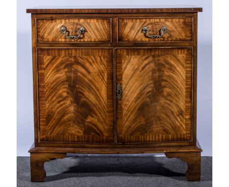 Reproduction mahogany side cabinet, Victorian style, rectangular bowfront top with broad crossbanding, two drawers above a cu